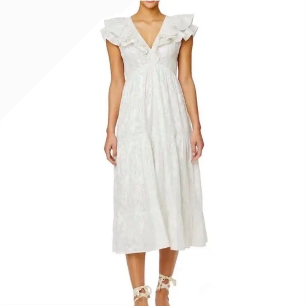 Roller Rabbit Anse White Silvery Lurex Paisley Tiered Ruffle Midi Dress  Small‎